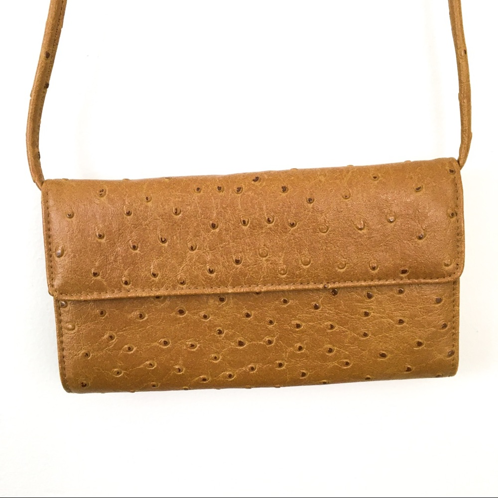 Strada brown faux ostrich wallet crossbody bag
